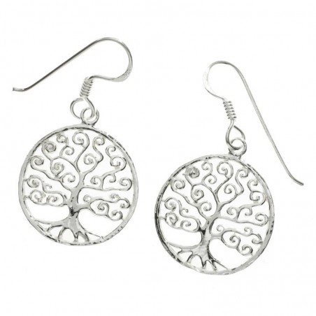Pendientes Redondos con Arbol de la vida enrulado Plata de Ley