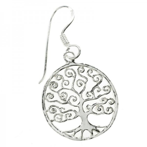 Pendientes Redondos con Arbol de la vida enrulado Plata de Ley