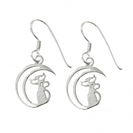 Pendientes hippies gato en la luna Plata de Ley