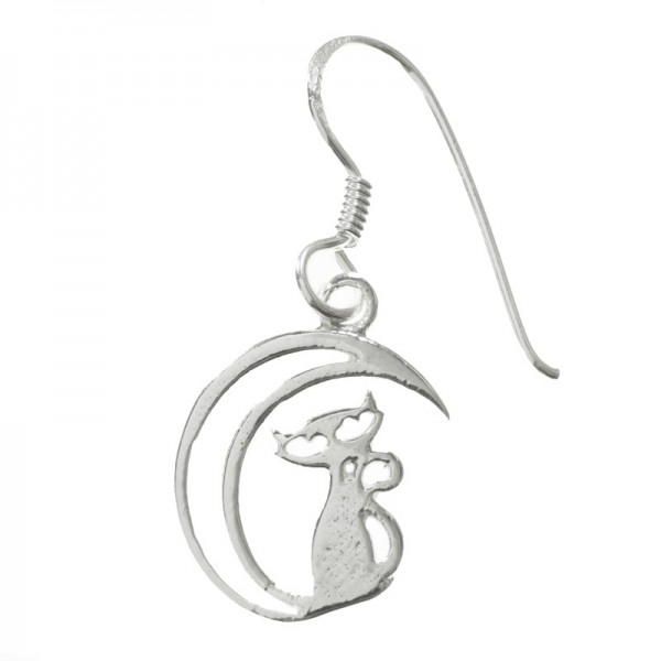 Pendientes hippies gato en la luna Plata de Ley