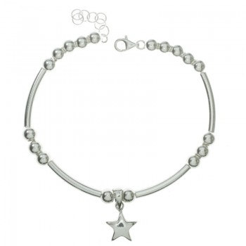 Pulsera tubos curvos y bolas con estrella Plata de Ley