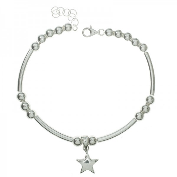 Pulsera tubos curvos y bolas con estrella Plata de Ley