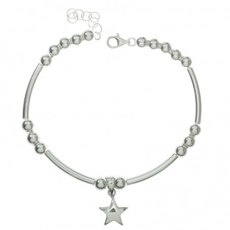 Pulsera tubos curvos y bolas con estrella Plata de Ley