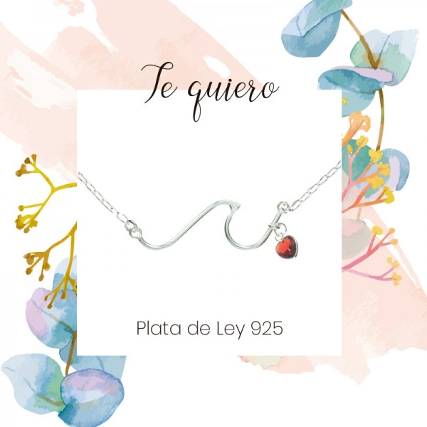 Collar ola con corazón de cristal rojo Plata de Ley