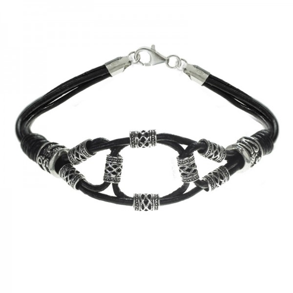 Pulsera abalorios étnicos cuero y Plata de Ley