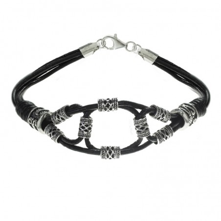 Pulsera abalorios étnicos cuero y Plata de Ley