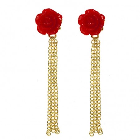 Pendientes largos flor con cadena chapado en Oro Plata de Ley 925