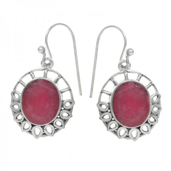 Pendientes largos piedra oval base calada Plata de Ley 925