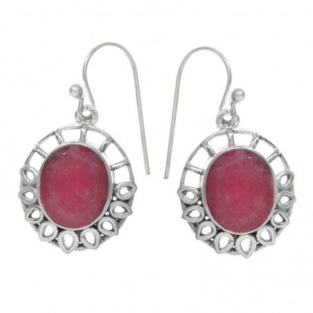 Pendientes largos piedra oval base calada Plata de Ley 925