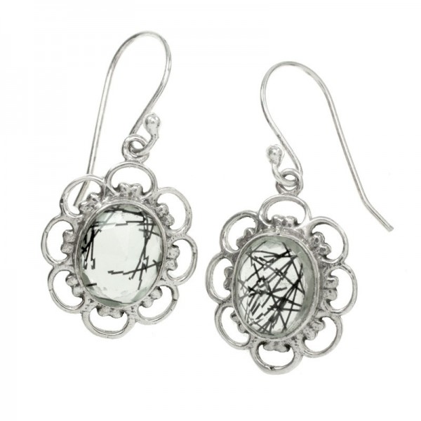 Pendientes largos cuarzo rosa oval Plata de Ley 925