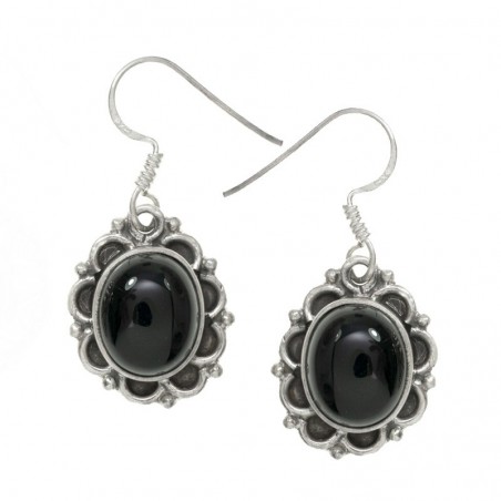 Pendientes ónix con base flor Plata de Ley