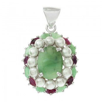 Colgante con gran esmeralda y perlas Plata de Ley 925