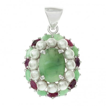 Colgante con gran esmeralda y perlas Plata de Ley 925