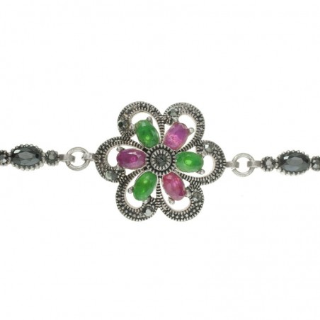 Pulsera flor rubíes y esmeraldas Plata de Ley
