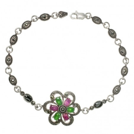 Pulsera flor rubíes y esmeraldas Plata de Ley