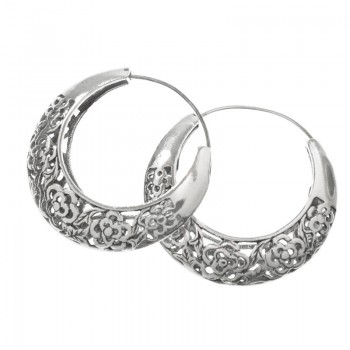 Pendientes aro XL flores caladas Plata de Ley