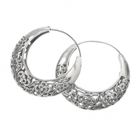 Pendientes aro XL flores caladas Plata de Ley