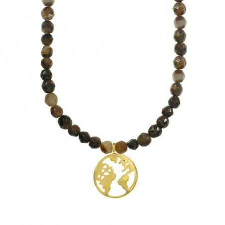 Collar ojo de tigre con mundo dorado Plata de Ley - Karissma