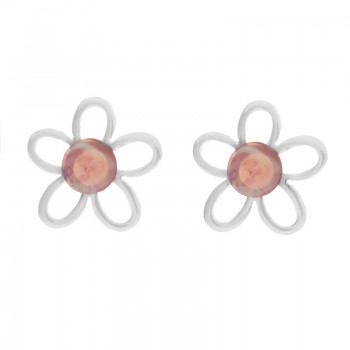 Pendientes flor con centro rosa Plata de Ley - Karissma