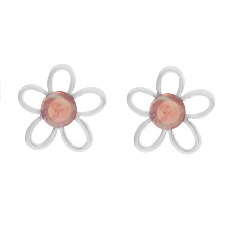 Pendientes flor con centro rosa Plata de Ley - Karissma