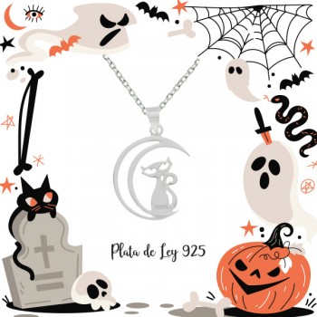 Collar gato sentado en luna Plata de Ley | Karissma