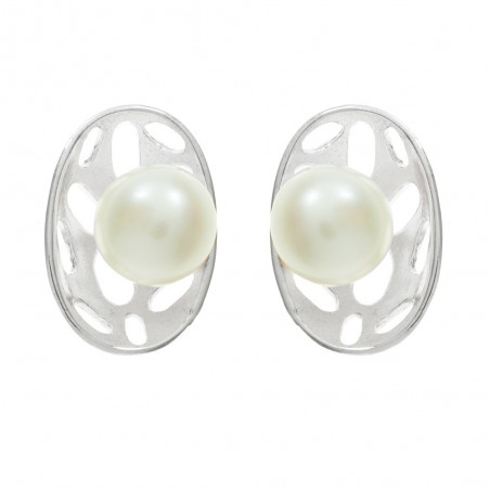 Pendientes diseño oval con perla Plata de Ley - Karissma