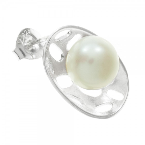 Pendientes diseño oval con perla Plata de Ley - Karissma