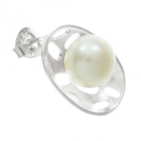 Pendientes diseño oval con perla Plata de Ley - Karissma