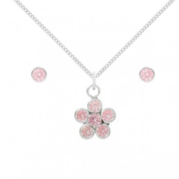 Conjunto flor circonita rosa Plata de Ley - Karissma 2