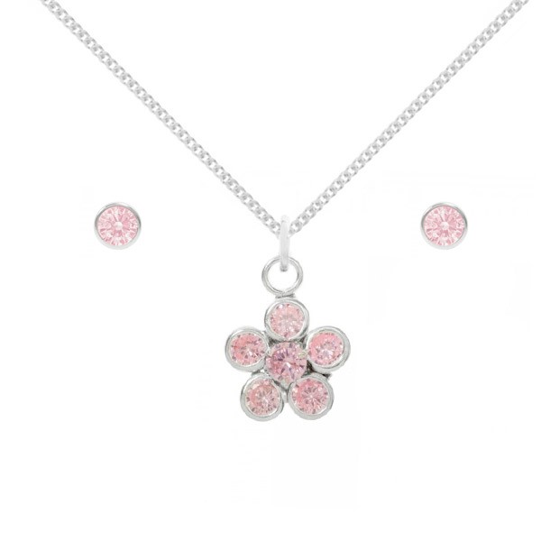 Conjunto flor circonita rosa Plata de Ley - Karissma
