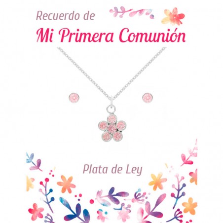 Conjunto flor circonita rosa Plata de Ley - Karissma