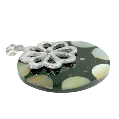 Colgante redondo nácar & resina con flor Plata de Ley 925 - Karissma