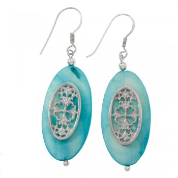 Pendientes óvalo nácar con detalle floral Plata de Ley 925 - Karissma