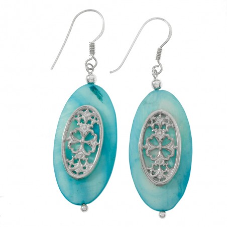 Pendientes óvalo nácar con detalle floral Plata de Ley 925 - Karissma