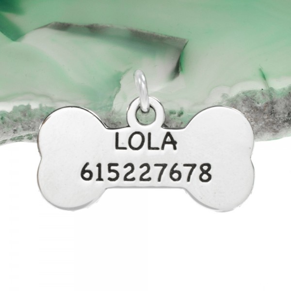 Colgante hueso para perro nombre y contacto Plata de Ley - Karissma