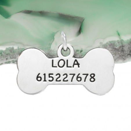Colgante hueso para perro nombre y contacto Plata de Ley - Karissma