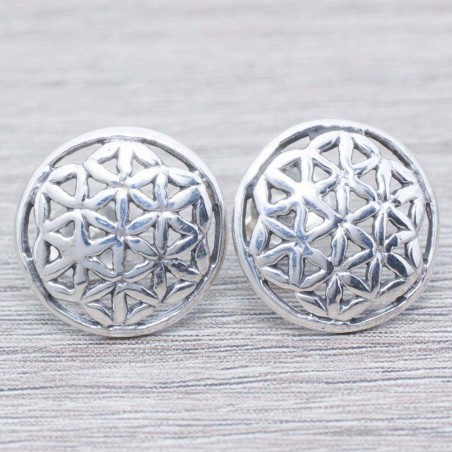 Pendientes flor de la vida oxidada Plata de Ley 925