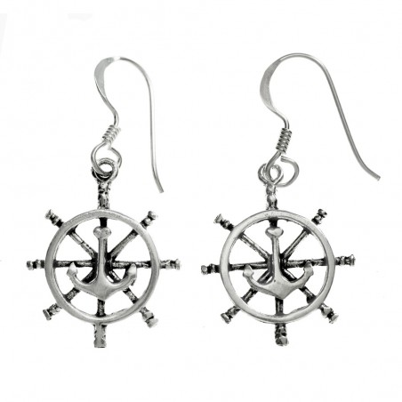 Pendientes largos timón con ancla marinera Plata de Ley 925
