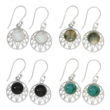 Pendientes étnicos piedra redonda zig-zag Plata de Ley - Karissma