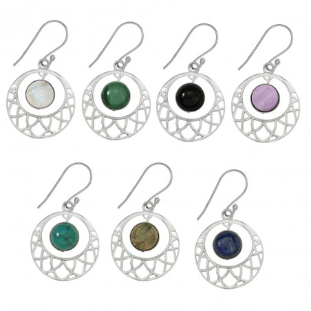 Pendientes étnicos mandala con piedra redonda Plata de Ley - Karissma