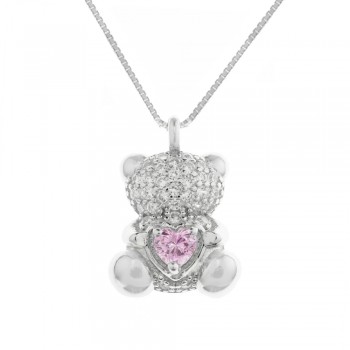 Collar osito corazón rosa Plata de Ley - Karissma