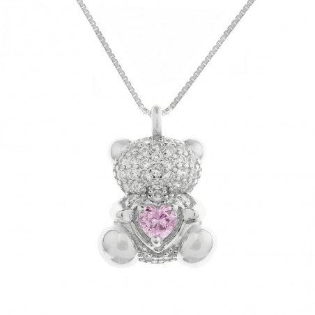 Collar osito corazón rosa Plata de Ley - Karissma