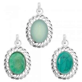 Colgante piedra cuarzo rosa oval grande Plata de Ley 925 - Karissma