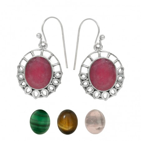 Pendientes largos piedra oval base calada Plata de Ley 925