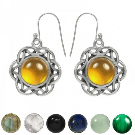 Pendientes largos flor étnica con piedra Plata de Ley 925