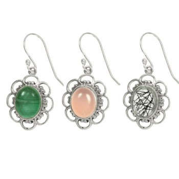 Pendientes largos cuarzo rosa oval Plata de Ley 925