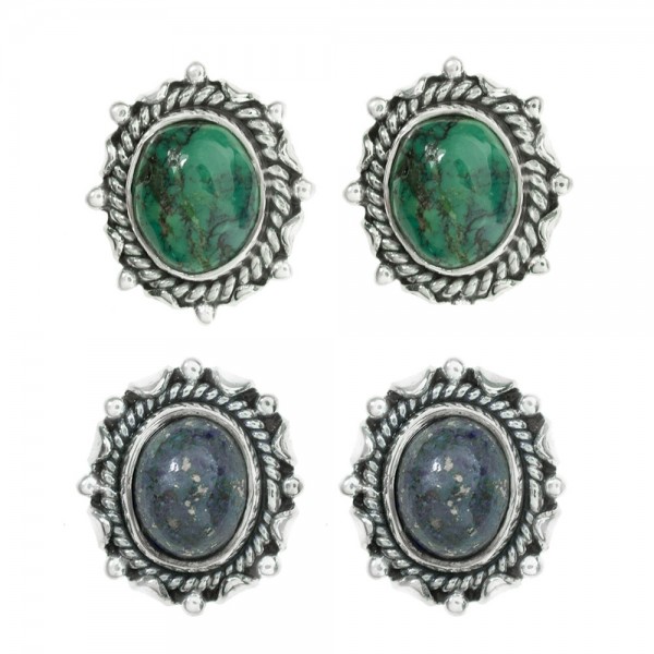 Pendientes étnicos óvalo de turquesa o lapislázuli Plata 1ª Ley 925 - Karissma