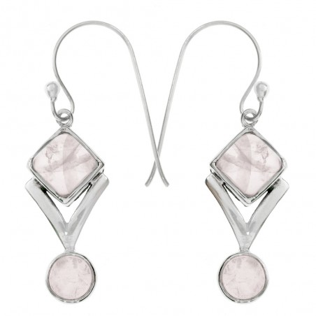 Pendientes largos doble cuarzo rosa Plata 1ª Ley 925 - Karissma