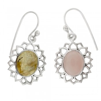 Pendientes largos flor con piedra oval Plata 1ª Ley 925 - Karissma