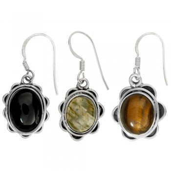 Pendientes largos flor con piedra oval Plata 1ª Ley 925 - Karissma